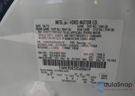 2014 Lincoln Mks z USA, uszkodzony, nr VIN 1LNHL9DK3EG600659